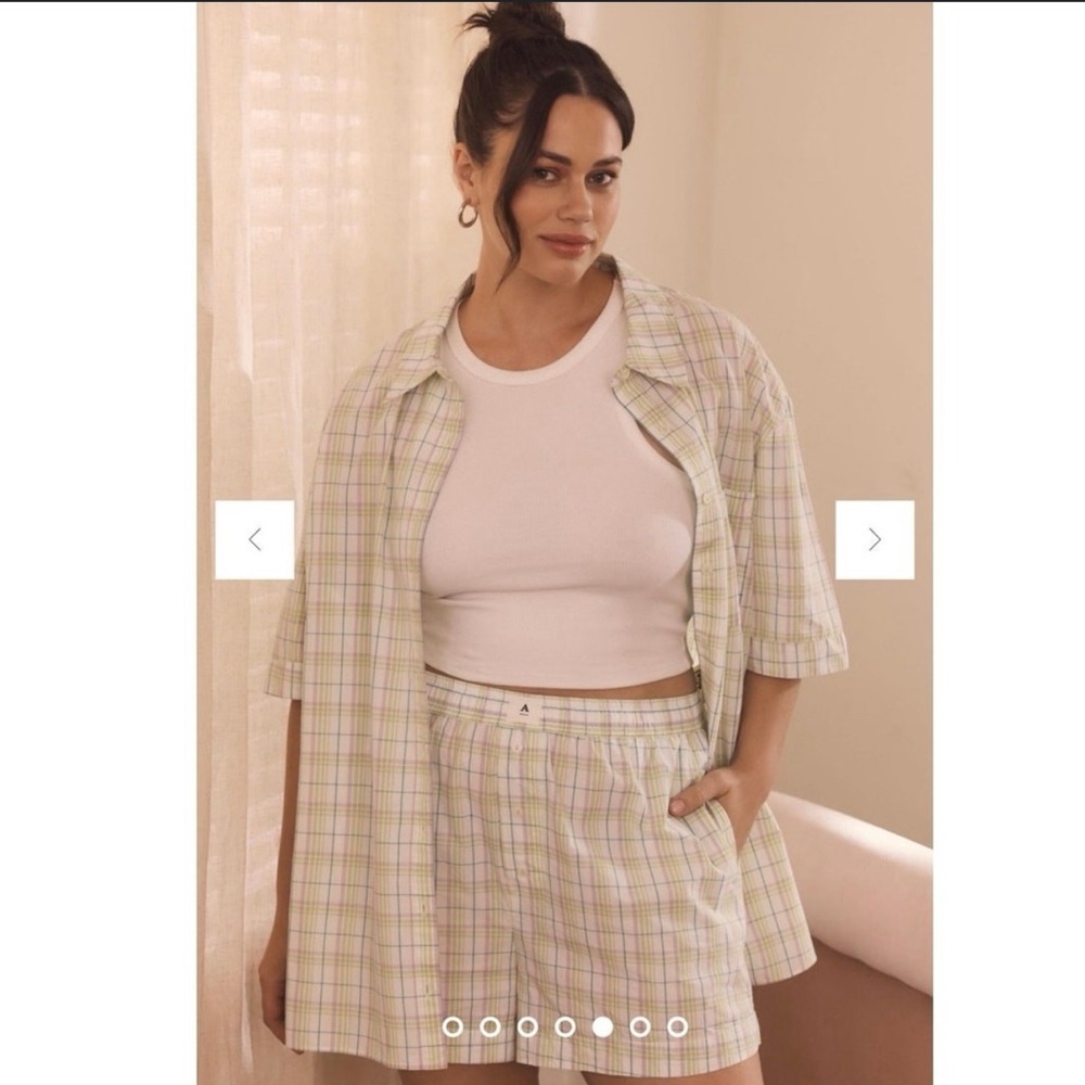 Anthropologie yellow green plaid shirt (s) and boxer short (l) set NEW